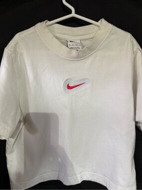 Nike White T-Shirt with Red Swoosh Patch